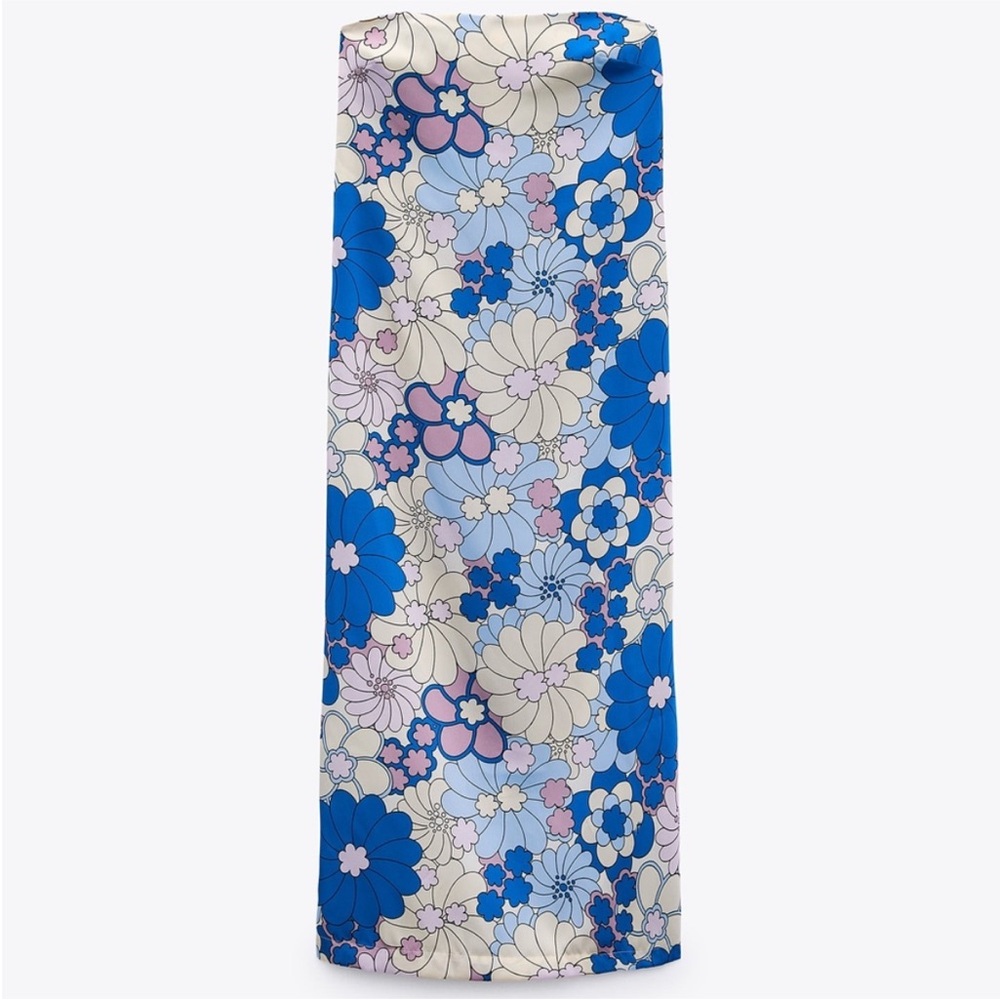 Zara blue floral strapless dress